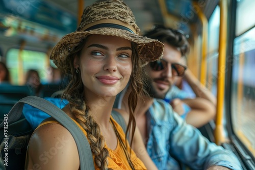 Fashion-forward female traveler with a radiant smile commuting on a bus enjoying her journey