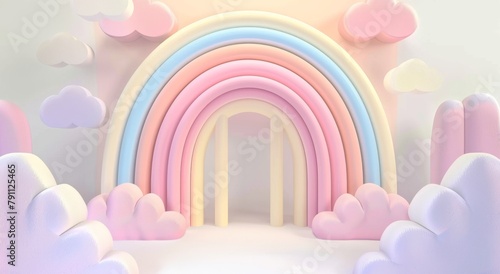 Dreamy pastel rainbow arch with fluffy clouds in a serene 3D landscape