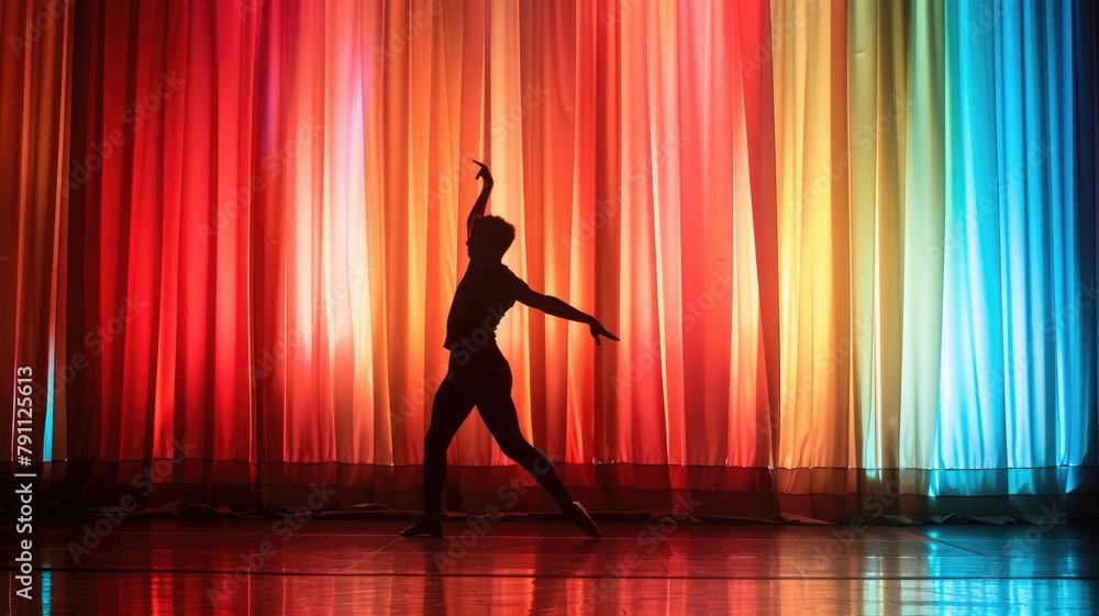 Silhouette of dancer performing on stage with colorful background lighting