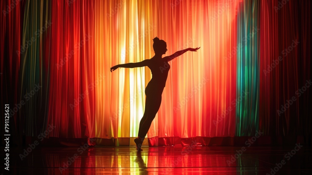 Silhouette of ballet dancer performing on stage with colorful background lighting