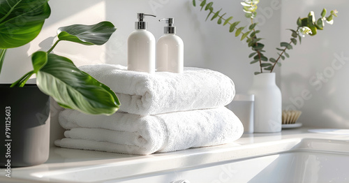 White fluffy towels stacked next to skincare bottles on bathroom counter with plants