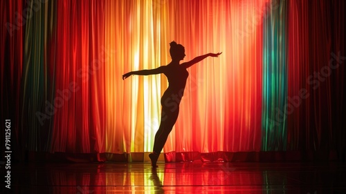Silhouette of ballet dancer performing on stage with colorful background lighting