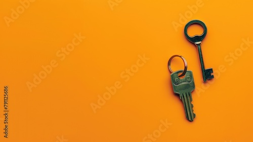 Two keys on vibrant orange background, one smaller than other photo