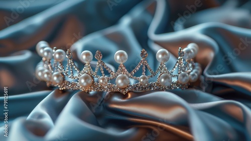 Pearl tiara on silky blue fabric