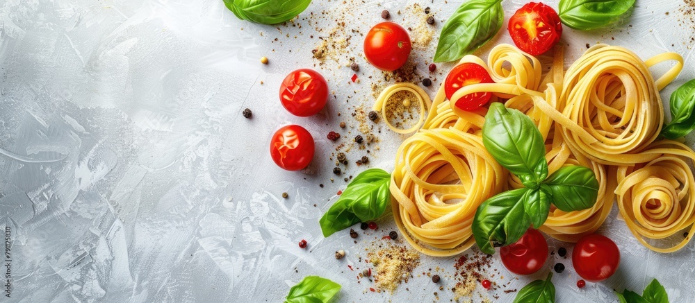 Italian cuisine cooking elements. Pasta, tomatoes, and basil. Overhead perspective with room for text. Italian cuisine cooking elements. Pasta, tomatoes, and basil. Overhead perspective with room for text.