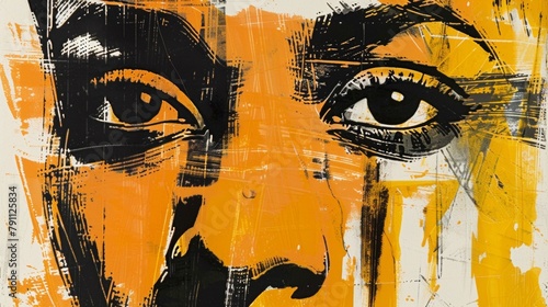 A close up of a painting with an orange face and black hair, AI