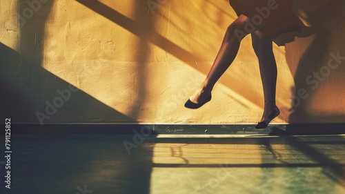 Woman's silhouette and shadow captured as she takes step in room bathed warm sunlight photo