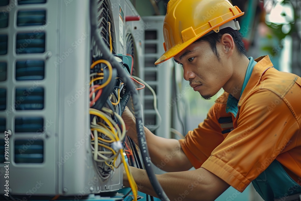 Technician is checking air conditioner Technician is checking air conditioner