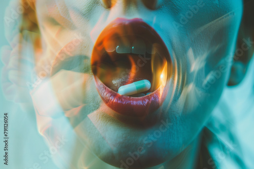 Drug addict woman putting opiate painkiller pill in mouth, having high drugs intoxication euphoria and dizziness. Double exposure concept.