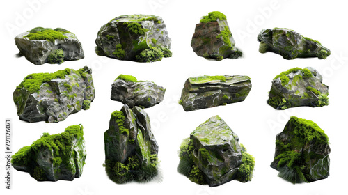Set of moss-covered rocks in natural settings, cut outv