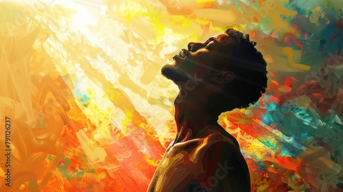 African american man in worship on abstract, warm, colorful background with sun. Digital oil painting