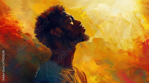 African american man in worship on abstract, warm, colorful background with sun. Digital oil painting