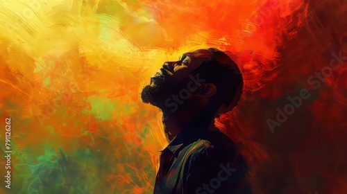 African american man in worship on abstract, warm, colorful background with sun. Digital oil painting © Ibad