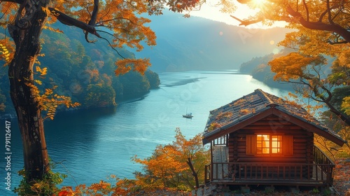  A quaint cabin sits amidst the forest, surrounded by towering trees In the distance, a serene lake mirrors the sky, and a red boat floats gently on its glass