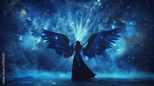 Fantasy woman angel soars in the air with white huge bird wings. Ghost girl in levitation flies. Dark night background, magical light. Lady goddess in white dress, fabric waving fluttering in motion photo
