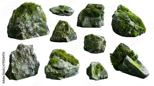Set of moss-covered rocks in natural settings, cut outv