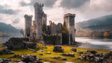 Ruins of the ancient medieval legendary castle of King Arthur Camelot. Generative AI