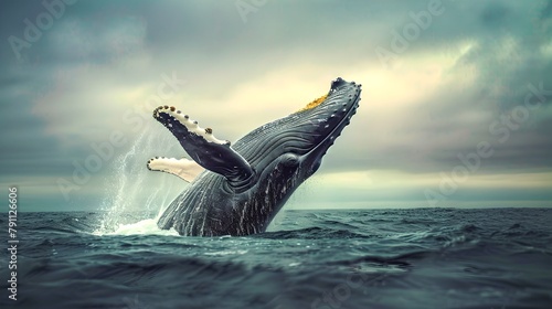 Majestic Whale Breaching in Moody Ocean Waters. Serene Nature Scene Capturing Marine Wildlife. Fine Art Photography Style. Ideal for Educational Use. AI