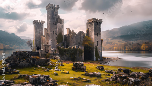 Ruins of the ancient medieval legendary castle of King Arthur Camelot. Generative AI