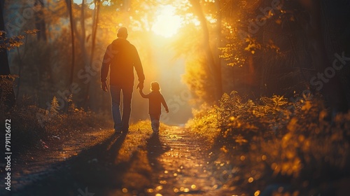 Man and Child Walking Down Path at Sunset
