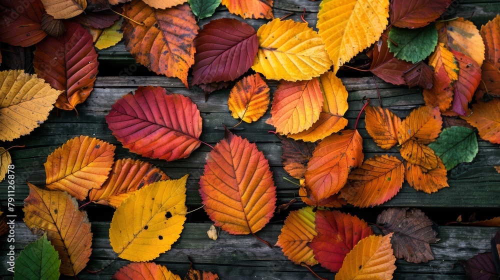 A bunch of leaves are laying on top of a wooden table, AI