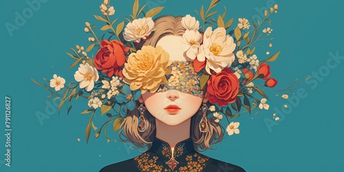 A surreal fashion design illustration of a woman with a colorful blindfold and flowers on her head, in the surreal digital art photo