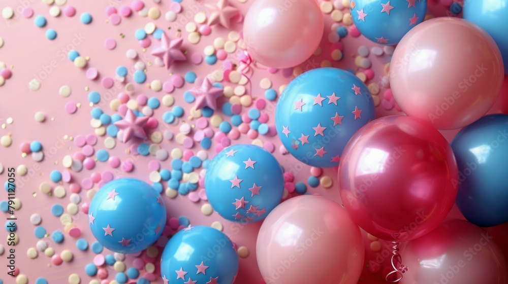 Colorful Balloons and Confetti on Pink Background