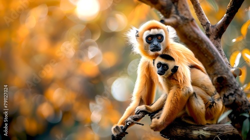 Pair of Gibbons Sitting Together on Branch in Golden Forest. Wildlife in Natural Habitat, Warm Colors. Peaceful Scene with Endangered Species. AI photo