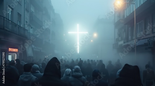 Crowd of people looking at a bright cross in the middle of the street on a foggy day photo