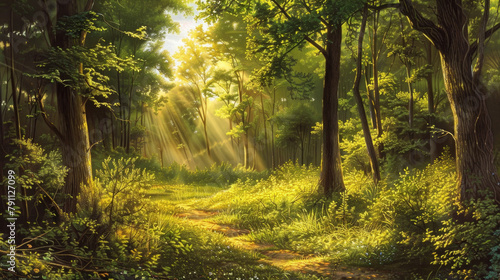 A painting showcasing a narrow path winding its way through a dense forest with tall trees, vibrant foliage, and dappled sunlight filtering through the canopy