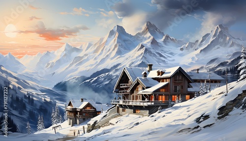 Panoramic view of alpine village in winter, Switzerland. © Iman