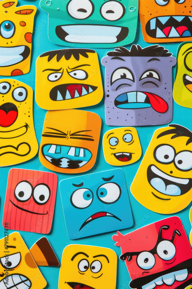 Multiple colorful cartoon faces displayed on a solid blue background Multiple colorful cartoon faces displayed on a solid blue background