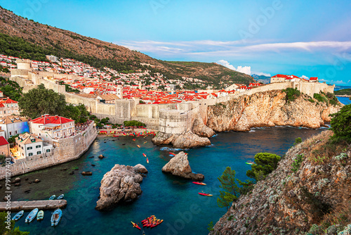 Dubrovnik, Croatia: Aerial view on the old town (medieval Ragusa) surrounded by fortified walls above the Adriatic sea and Dalmatian Coast of Adriatic Sea