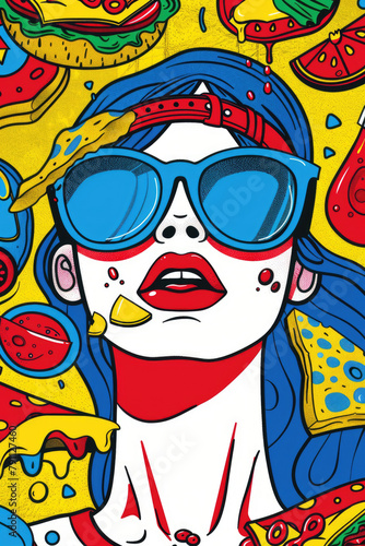 A painting depicting a woman in blue sunglasses, showcasing a bold and stylish look
