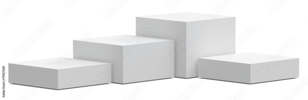 Four white square podiums for product presentation isolated on transparent background Four white square podiums for product presentation isolated on transparent background