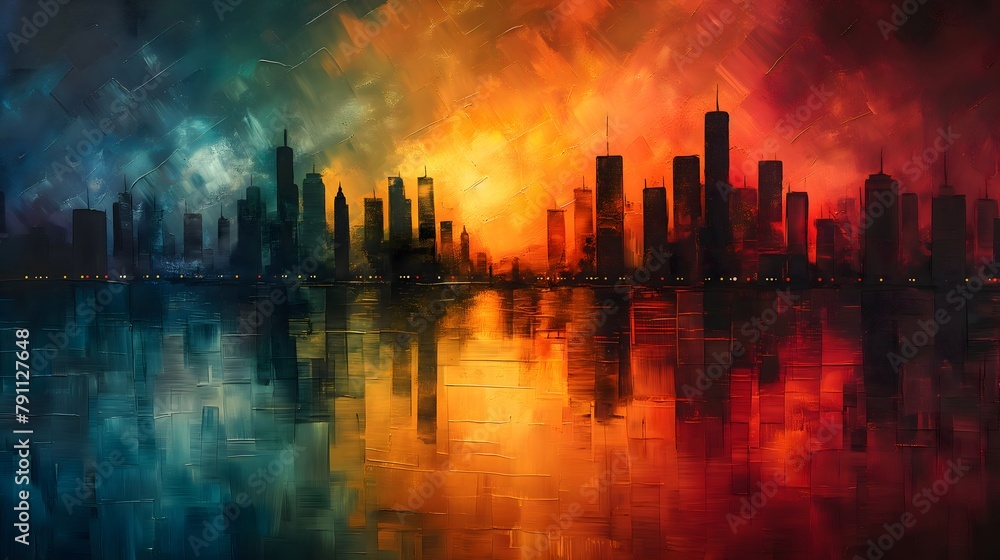 Minimalistische Skyline mit Wasserreflexion, kubistisch aus dickem Acryl, bunt, Konzept farbenfrohe Skyline Minimalistische Skyline mit Wasserreflexion, kubistisch aus dickem Acryl, bunt, Konzept farbenfrohe Skyline