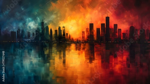 Minimalistische Skyline mit Wasserreflexion  kubistisch aus dickem Acryl  bunt  Konzept farbenfrohe Skyline