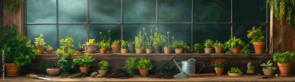 Gartengeräte und Setzlinge auf einem alten Holztisch, Erde und Pflanzen, Gemüsegarten, Konzept Gartenarbeit im Frühling Gartengeräte und Setzlinge auf einem alten Holztisch, Erde und Pflanzen, Gemüsegarten, Konzept Gartenarbeit im Frühling