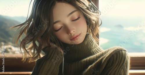A young Asian woman wearing headphones is listening to music by the window, with warm sunlight shining on her face and hair. 