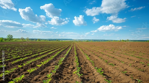 Scenic landscape freshly plowed field with beet sprouts, city skyline on horizon