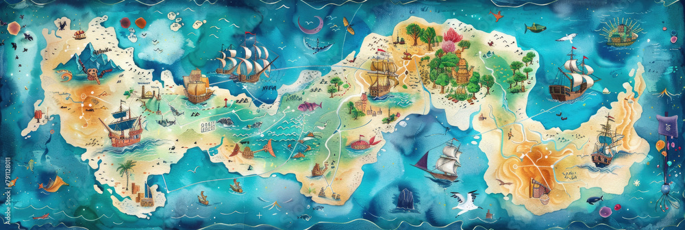 A detailed painting showing a map of the world, featuring continents, countries, oceans, and major geographic features