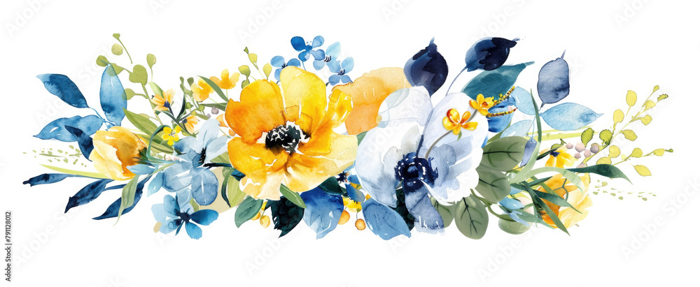 A watercolor painting featuring vibrant yellow and blue flowers blooming on a white background
