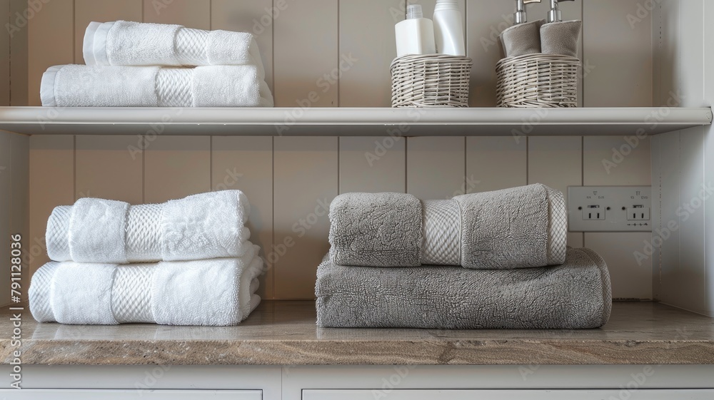 Stack of neatly folded white and grey towels on shelf in modern bathroom - obrazy, fototapety, plakaty 