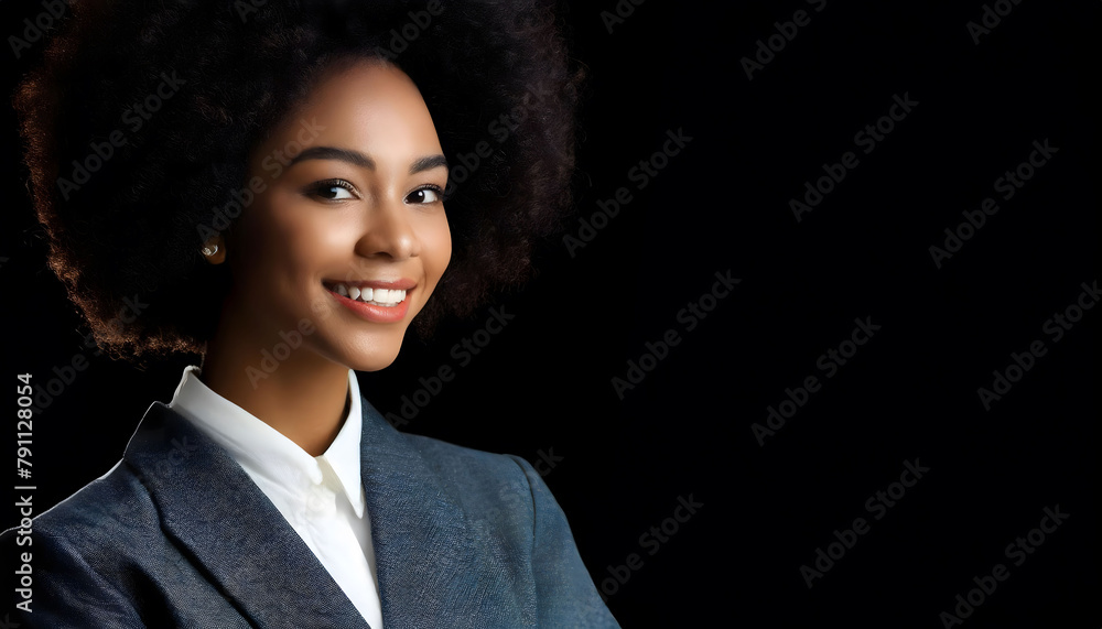 Smiling Afro Woman Poses for Camera. Generative AI Smiling Afro Woman Poses for Camera. Generative AI