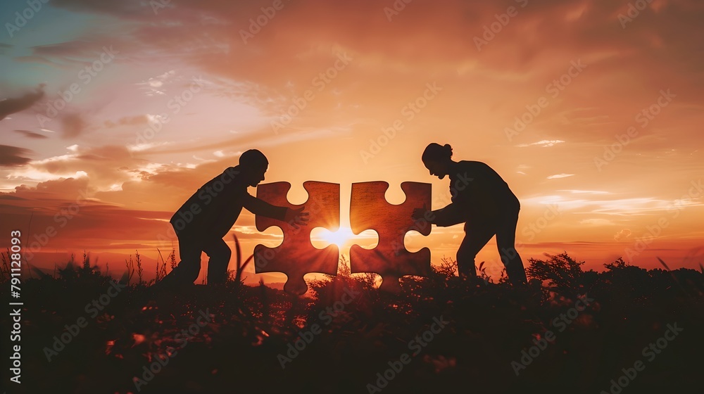 Two silhouetted figures solving a puzzle at sunset. Creative teamwork concept with a vibrant sky. Silhouette collaboration scene. AI