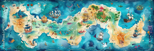 A detailed painting showing a map of the world, featuring continents, countries, oceans, and major geographic features