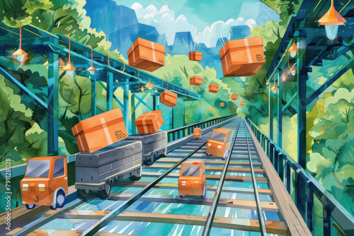 A painting showcasing a train track with orange boxes placed on it photo