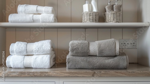 Stack of neatly folded white and grey towels on shelf in modern bathroom photo