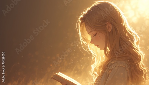 A young girl is reading the Bible, wearing beautiful and holding an open book in her hands. She has long hair and wears warm colors 