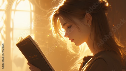 A young girl is reading the Bible, wearing beautiful and holding an open book in her hands. She has long hair and wears warm colors